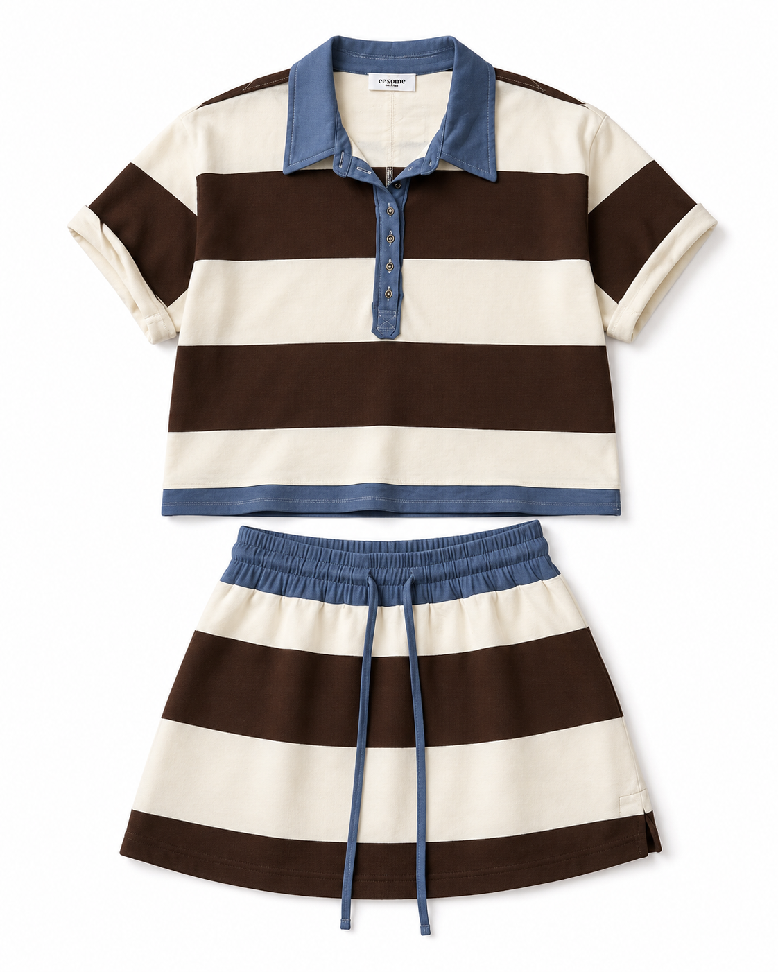 A two-piece womens outfit set featuring a short-sleeve polo shirt and matching drawstring skirt. The set has horizontal stripes in dark brown and cream, with a blue collar, placket, hem, and elastic waistband.