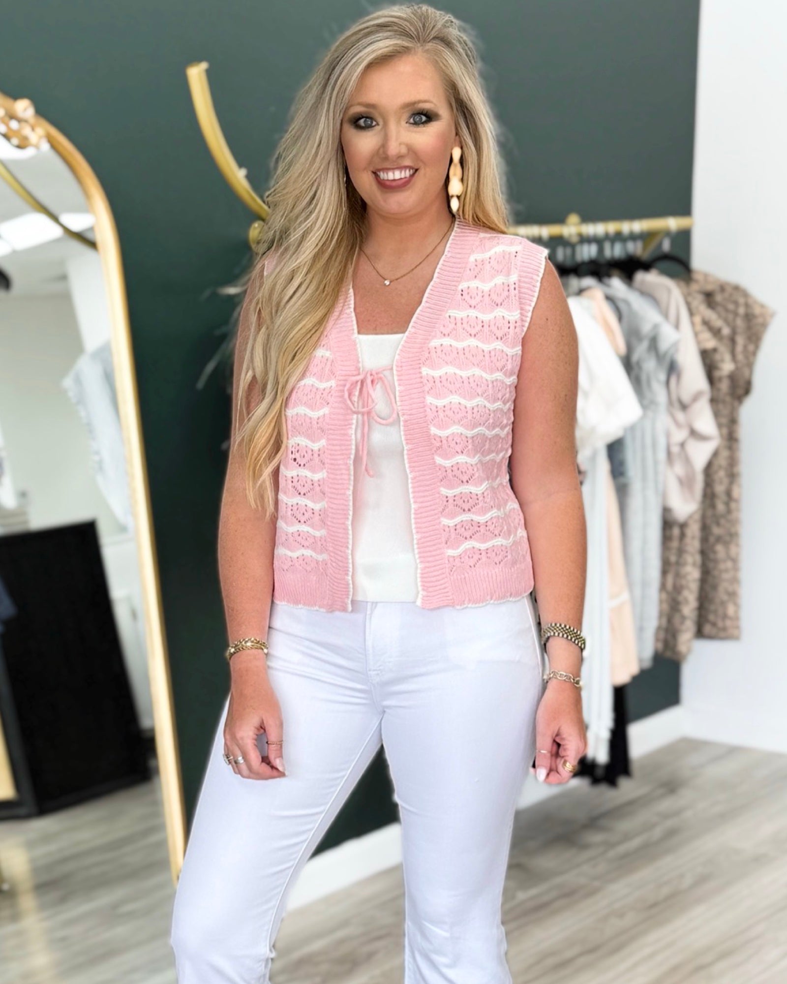 BIBI Women’s Pink/Cream Pointella Sweater Vest W/Tie