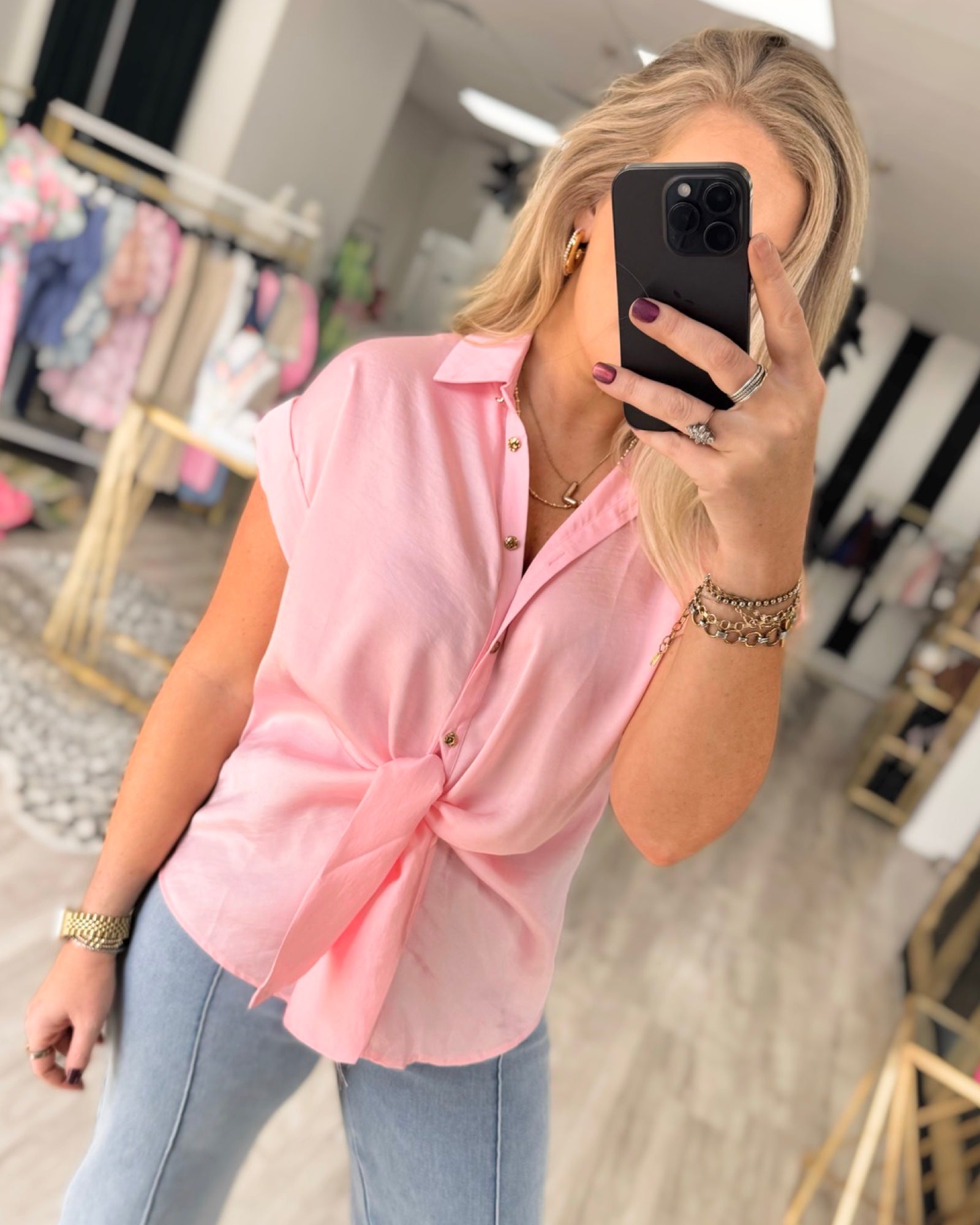 satin front tie pink shirt women's boutique top