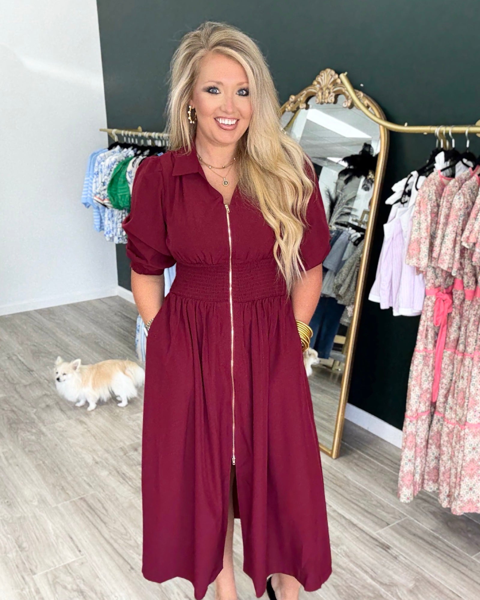 Burgundy Long Zip Collared Midi Dress