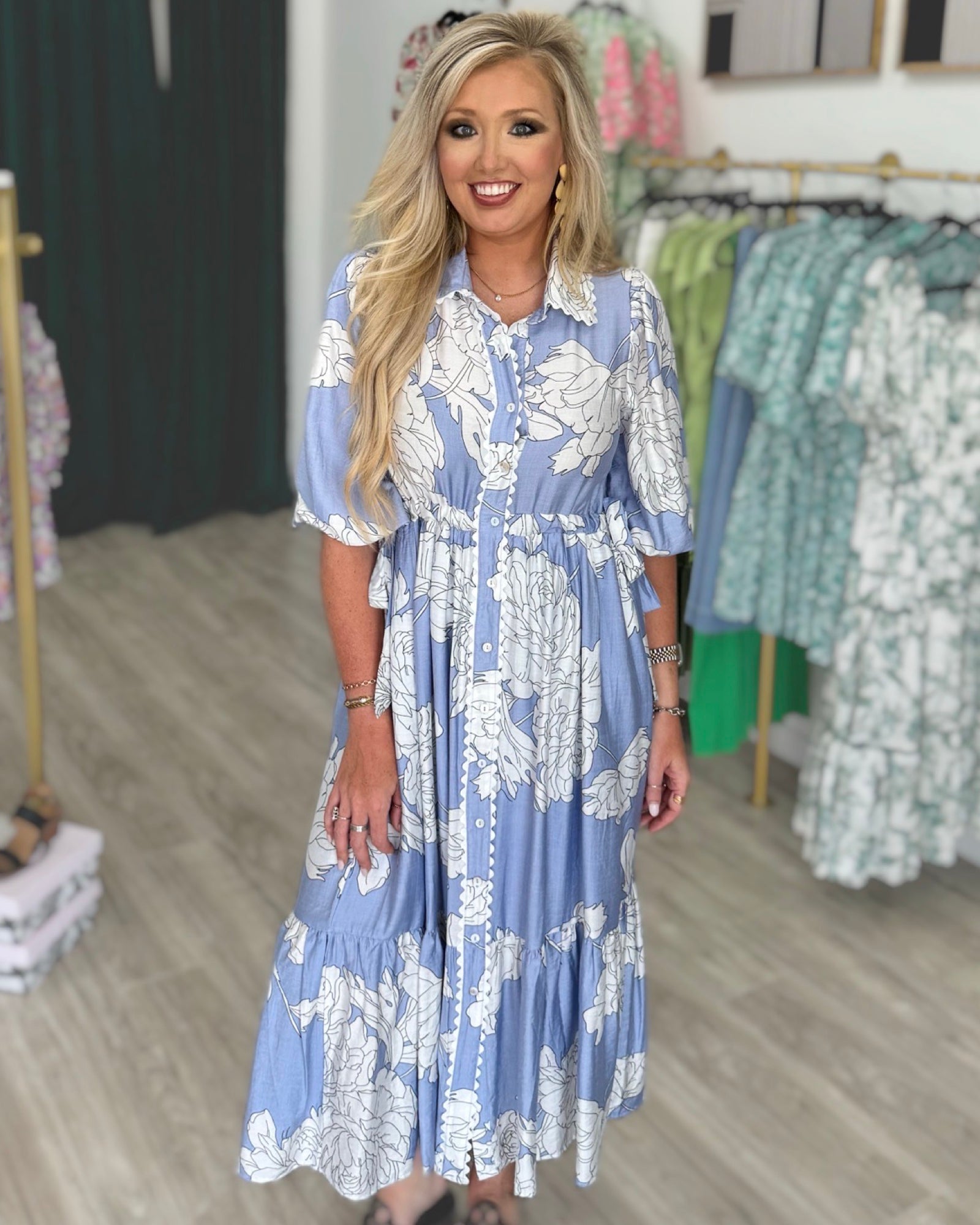 ENTRO Women’s Blue Floral Print Collar Button Up Midi Dress