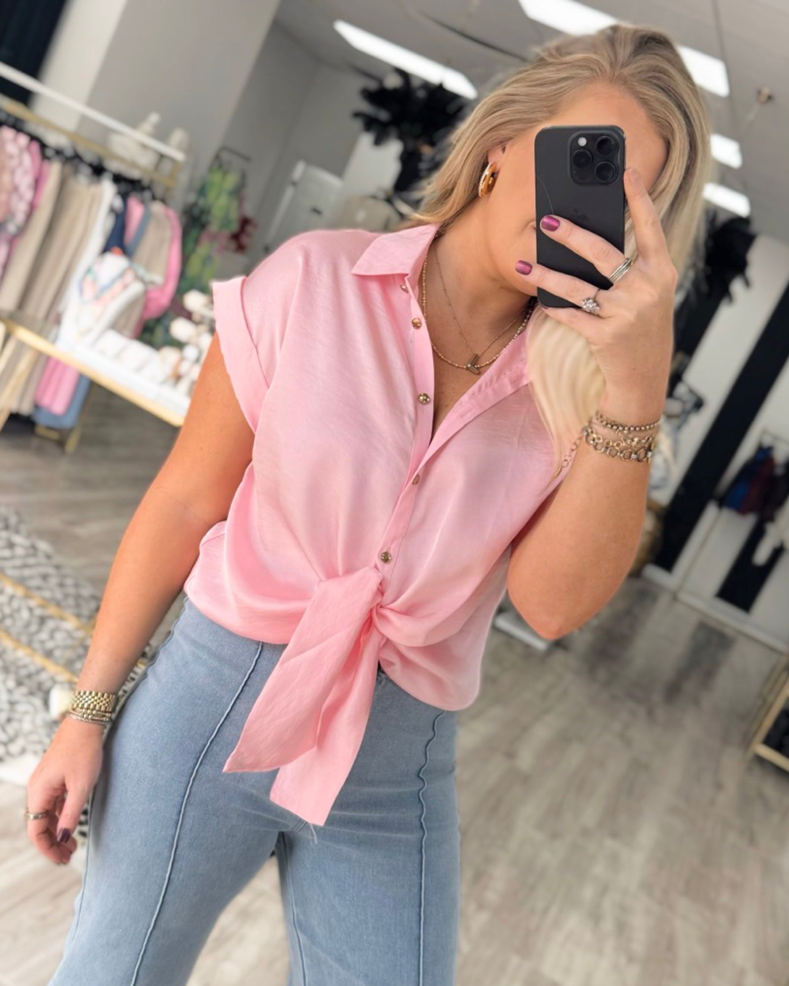 pink front tie satin blouse boutique fashion- glam