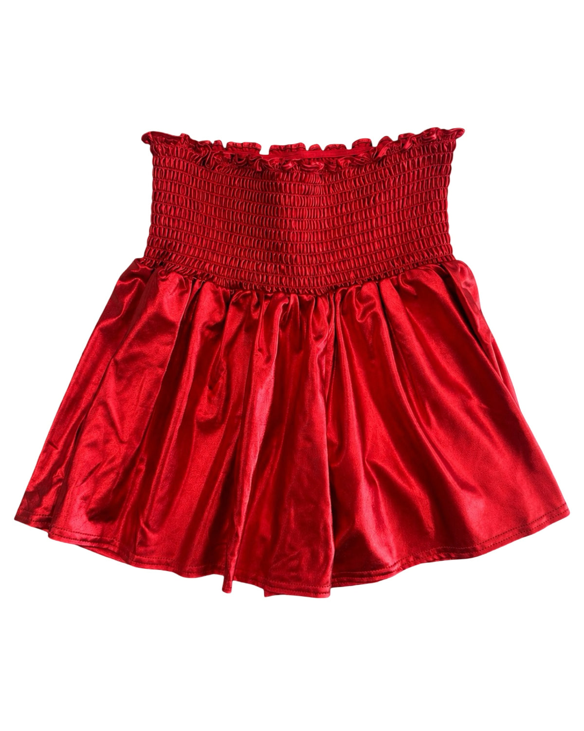 A red strapless mini skirt featuring a smocked bodice and a flared, shiny satin-like skirt, shown against a plain white background.